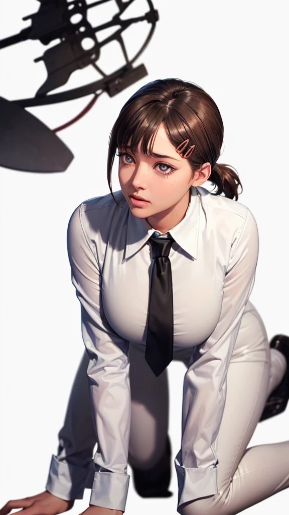 (((Perfect body,White and tender skin,(((black necktie, black pants, business suit, formal, long sleeves, necktie, pants, suit,,))),(((kobeni higashiyama, black hair, hair ornament, hairclip, ponytail, short hair, (brown eyes:1.5),))),((masterpiece)),highres,((Best quality at best)),masterpiece,quality,Best quality,((( Exquisite facial features,Looking at the audience,There is light in the eyes,(((pain,endure))),{|from side and behind},photo of a woman,nude,all fours,looking at viewer,blue eyes,happy,white background,simple background))),(((Light and shadow,Huge breasts,))),(((Looking at the camera,White background))))