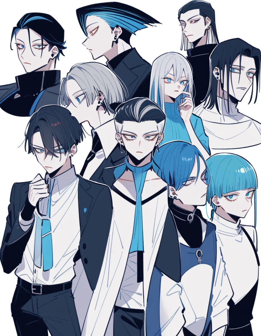 hombre, con cabello color gris,(flequillo al estilo de levi ackerman),ojos color azul claro,ojos serios,con una camisa negra,dark blue trousers,(al estilo del anime blue lock),en diferentes perspectivas,cuerpo completo.
