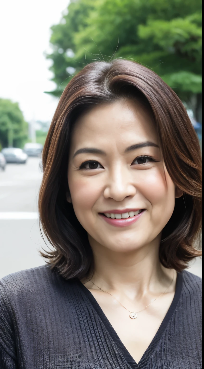 最high quality, In 8K, Masseter muscle area, Lifelike, Sharp focus, high quality, High resolution, Detailed face, Detailed eyes, Thick lips, Background Blur, solo, Middle-aged women, , 55 years old, , Medium long wavy hair, Cleavage, Wearing a plain short-sleeved knit, Afternoon in front of the park garden, Wrinkles around the eyes, Toothy smile