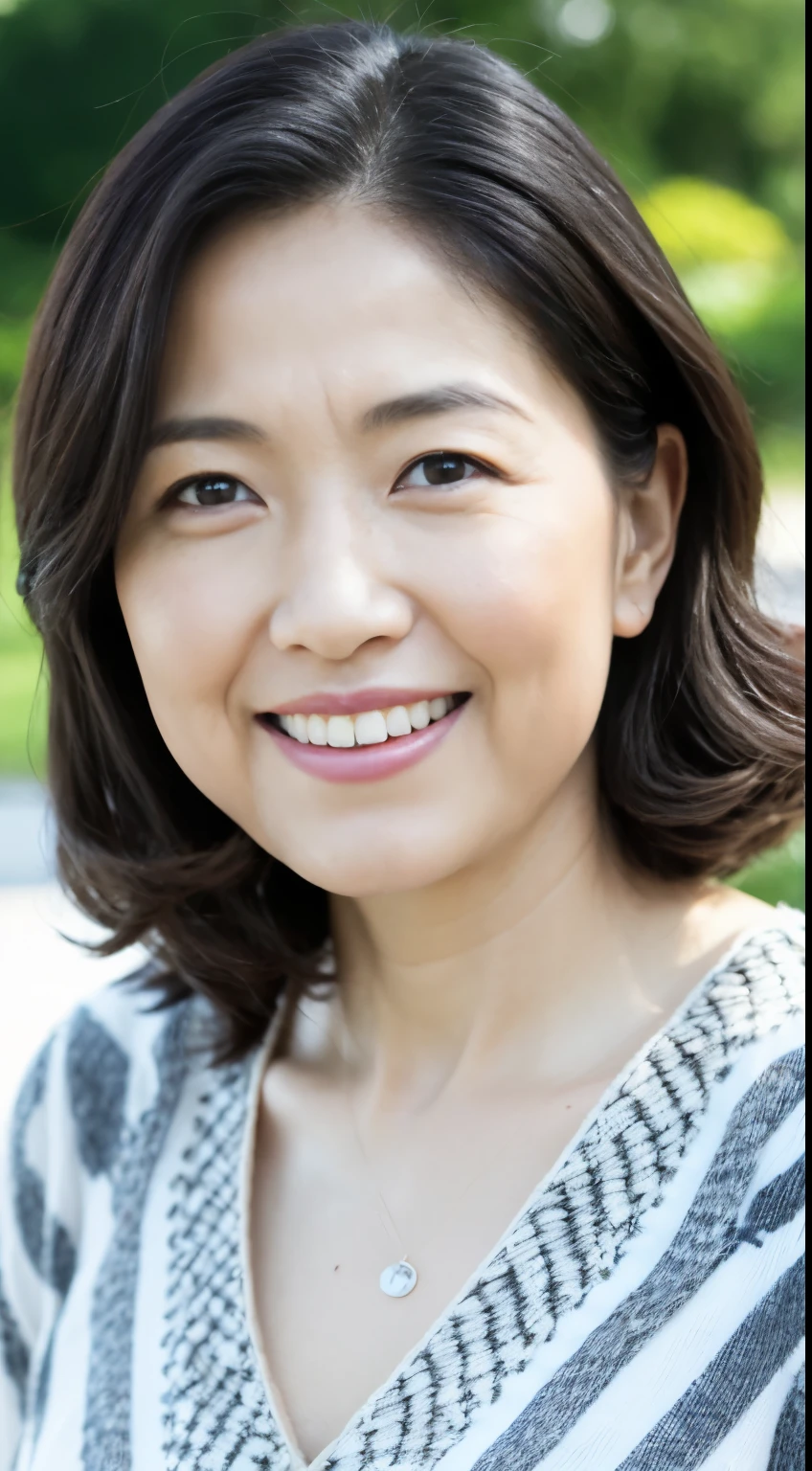 最high quality, In 8K, Masseter muscle area, Lifelike, Sharp focus, high quality, High resolution, Detailed face, Detailed eyes, Thick lips, Background Blur, solo, Middle-aged women, , 55 years old, , Medium long wavy hair, Cleavage, Wearing a plain short-sleeved knit, Afternoon in front of the park garden, Wrinkles around the eyes, Toothy smile