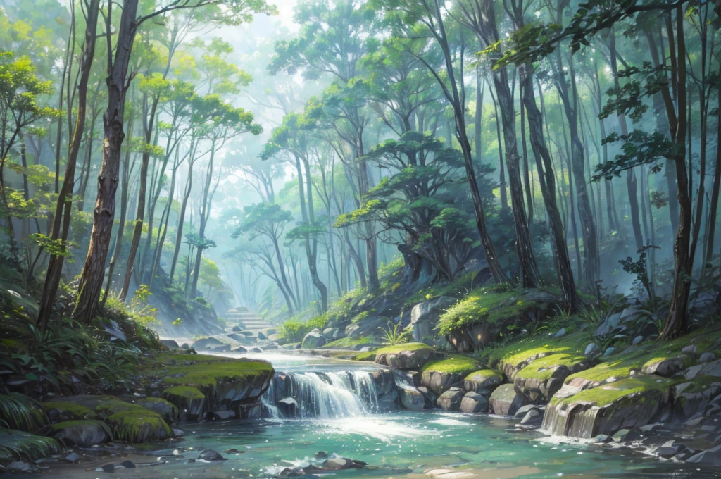 (8k analog photo,magical landscape:1.2), (in the middle there is a large sign), an empty sign, a sign, stone bridge over creek,lush greenery,pastel colors,studio ghibli style,alone bridge,small bridge,serene atmosphere,tranquil stream,mossy rocks,detailed foliage,warm lighting,dreamlike quality,fantasy landscape,vibrant colors,cinematic composition,atmospheric haze,beautiful natural setting,peaceful ambiance
