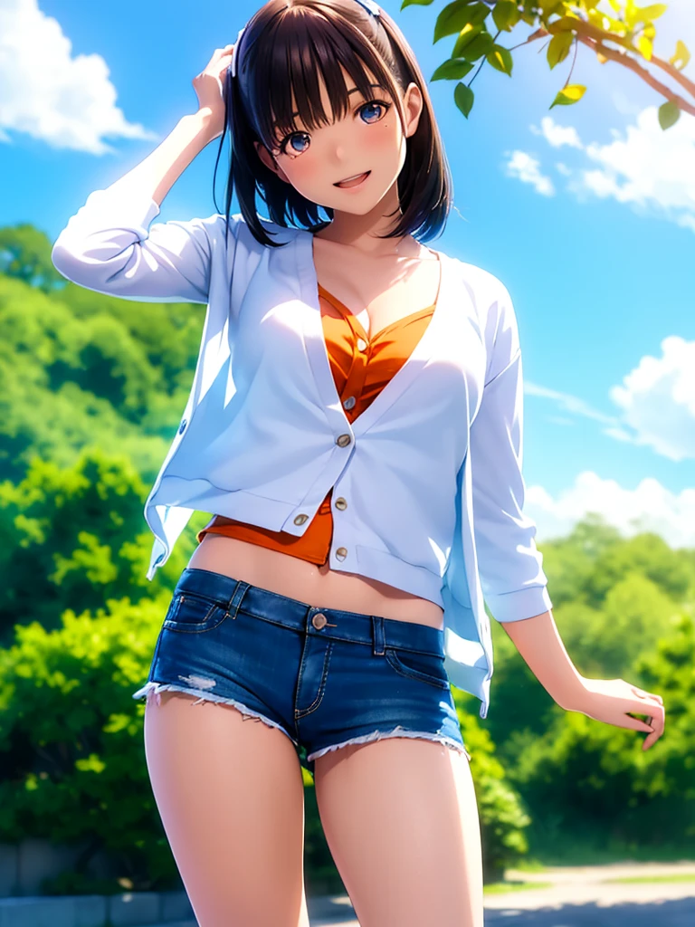 hight resolution,8K,Best Quality,detaileds,semi - realistic anime,Anime 3D Style,Smooth Anime CG,1 girl in,18-year-old woman in Japan,slim,modeled,shiny chestnut hair,Medium Hair,Detailed face,Beautiful and detailed eyes,glistning skin,((Orange Camisole)),((White cardigan)),((Blue shorts)),Smile with open mouth,randome pose,Summer Park,Clear blue sky,Background blur,The wind is blowing,