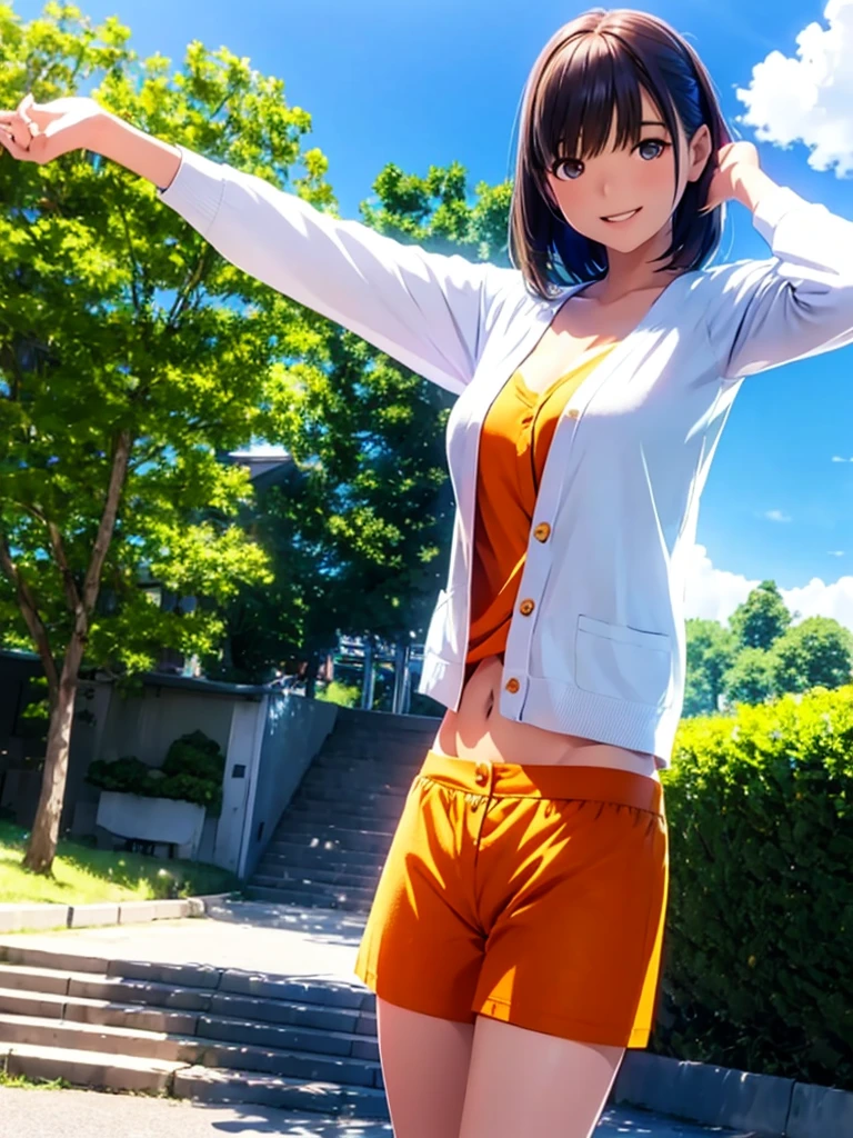 hight resolution,8K,Best Quality,detaileds,semi - realistic anime,Anime 3D Style,Smooth Anime CG,1 girl in,18-year-old woman in Japan,slim,modeled,shiny chestnut hair,Medium Hair,Detailed face,Beautiful and detailed eyes,glistning skin,((Orange Camisole)),((White cardigan)),((Blue shorts)),Smile with open mouth,randome pose,Summer Park,Clear blue sky,Background blur,The wind is blowing,