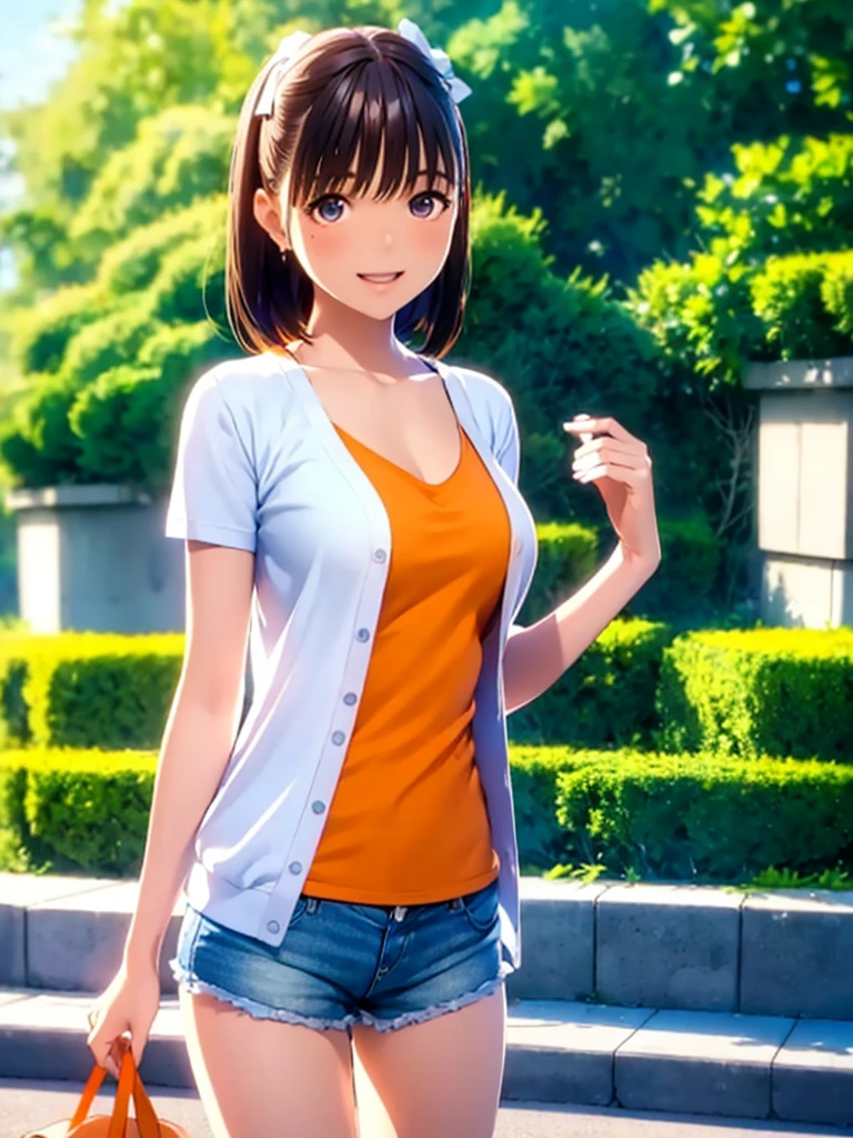hight resolution,8K,Best Quality,detaileds,semi - realistic anime,Anime 3D Style,Smooth Anime CG,1 girl in,18-year-old woman in Japan,slim,modeled,shiny chestnut hair,Medium Hair,Detailed face,Beautiful and detailed eyes,glistning skin,((Orange Camisole)),((White cardigan)),((Blue shorts)),Smile with open mouth,randome pose,Summer Park,Clear blue sky,Background blur,The wind is blowing,