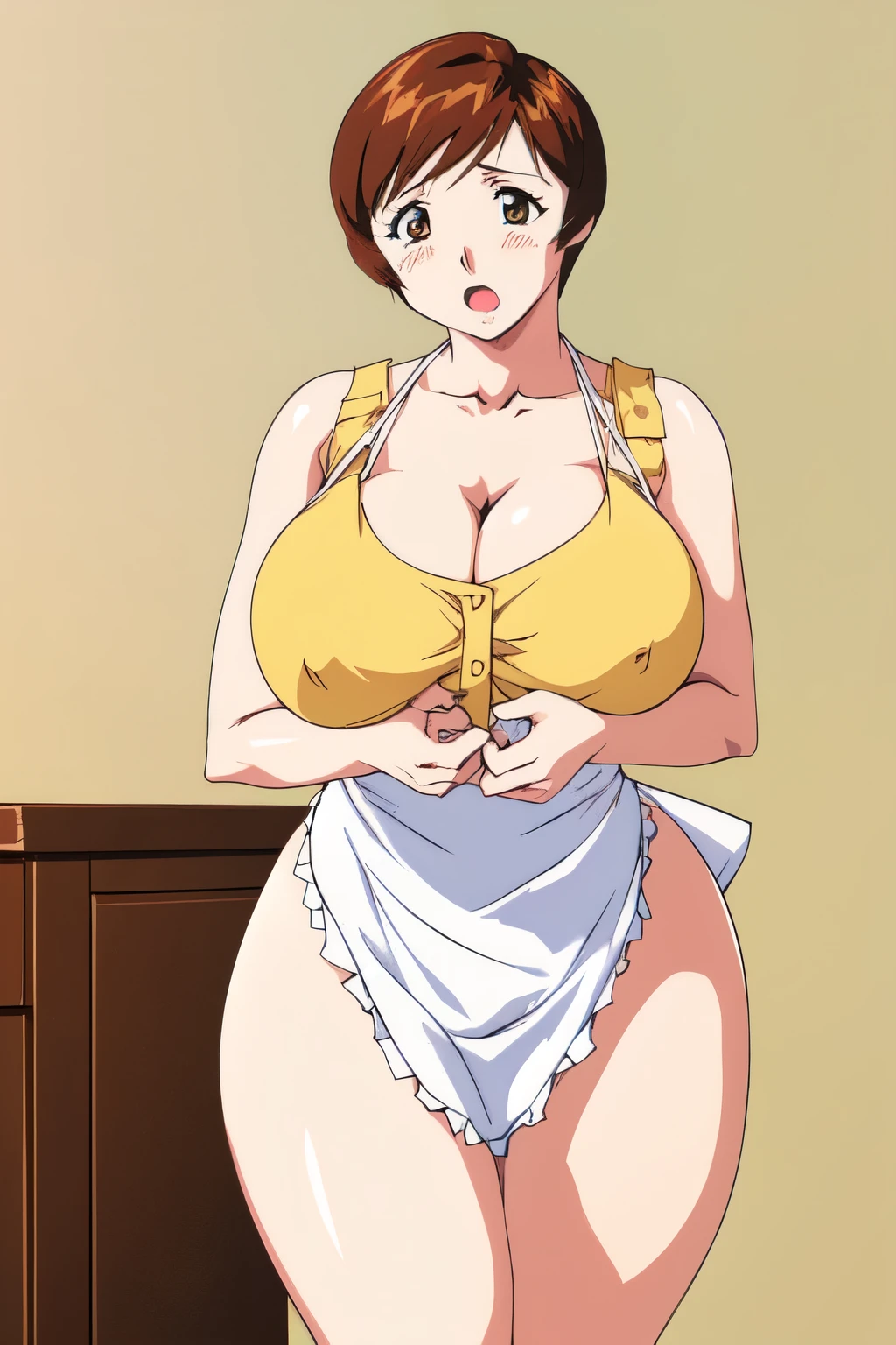 masterpiece, highest quality, High resolution, One girl, alone, sexual intercourse, Pornographic images, short hair, etsukoto, Brown eyes, fine grain, fine grain, (((Thick thighs, Plump thighs, Voluptuous thighs, Thighs alone are enough))), Huge and ample breasts, Cleavage, Huge long breasts, Naughty big,((Big breasts are important))、((Naughty thighs)), L Cup, (thin:1.4),(Tight waist:1.4), (Yellow Dress:1.4), ((white waist apron)), White panties, anguish, :o, blush, (((Simple Background))), ((Wide Hips)), Shiny, Oily skin, Mature mother, Calf, Seductive mature woman, Perfect body, Plus Size Model, curvy, ample, etsukoto, blush, clavicle, retro artstyle, 1990s (style), (thick thighs:1.4), bare legs, showing leg,
