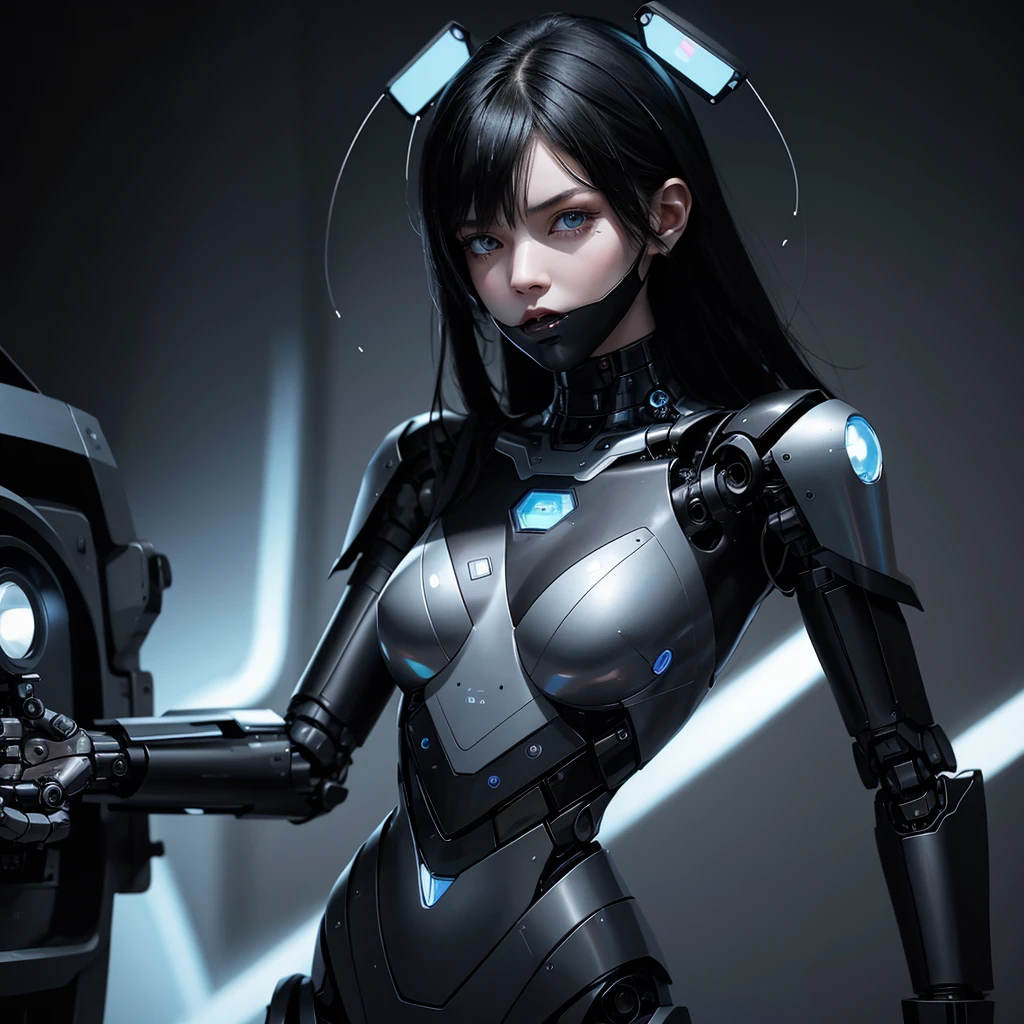a girl with a full black robotic body, featuring sleek and high-tech components. She has short black hair, blue eyes, and an angry expression. She wears a robot mask that partially covers her face, blending seamlessly with her polished mechanical limbs and torso. The subtle lights and mechanical joints of her body enhance the contrast between her human-like features and her robotic form.

