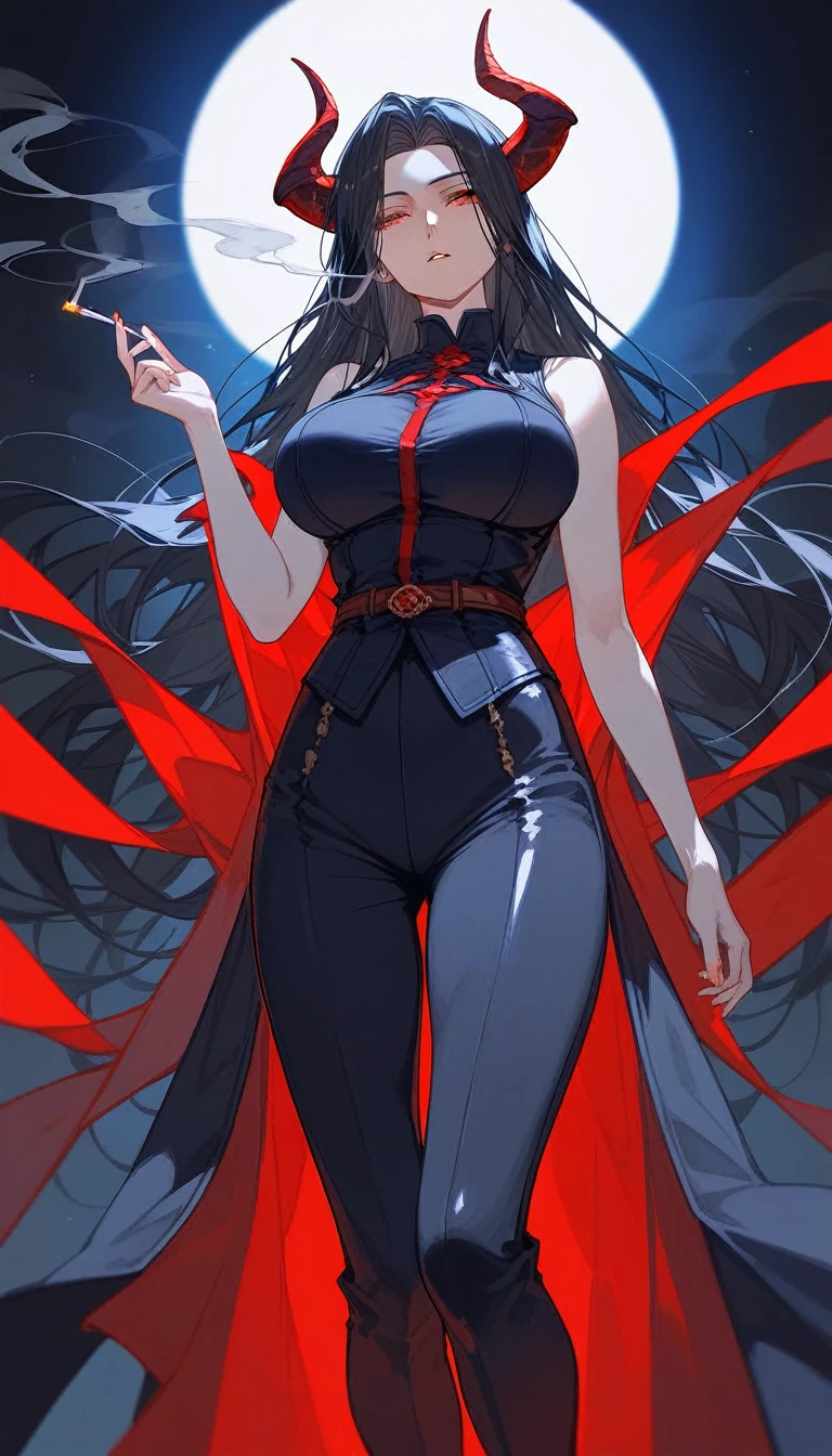 masterpiece, Score_9, Score_8_up, Score_7_up, front view, 1 woman, alone, black hair with red, long hair, parted bangs, dark red eyes, half-closed eyes, parted lips, expressionless, pale skin, large breasts, body suit, black bottom, best quality, horns up, long open bangs, black sleeveless shirt, black V-neck, red baggy pants, high heels, Castlevania, Smoking