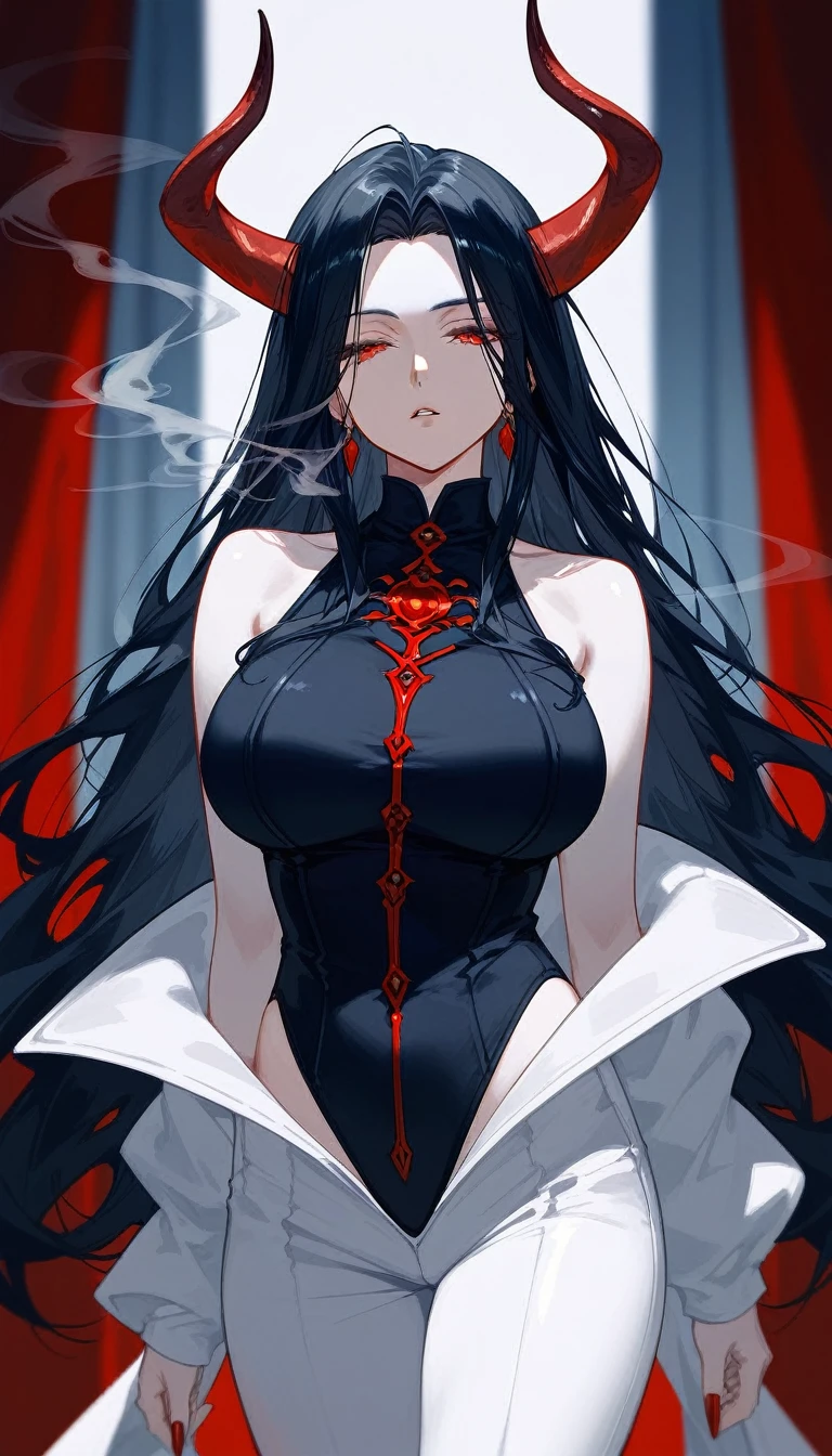 masterpiece, Score_9, Score_8_up, Score_7_up, front view, 1 woman, alone, black hair with red, long hair, parted bangs, dark red eyes, half-closed eyes, parted lips, expressionless, pale skin, large breasts, body suit, black bottom, best quality, horns up, long open bangs, black sleeveless shirt, black V-neck, red baggy pants, high heels, Castlevania, Smoking