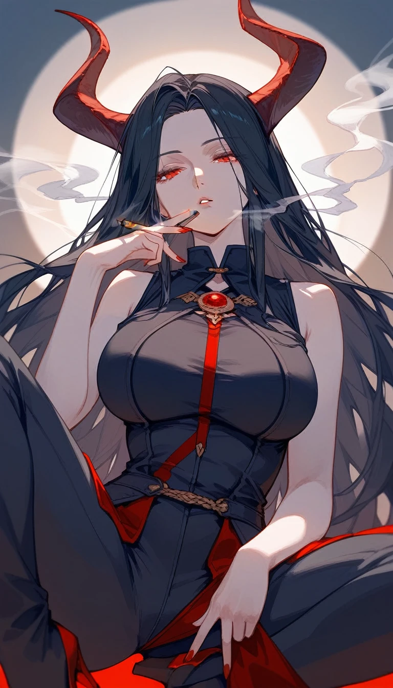 masterpiece, Score_9, Score_8_up, Score_7_up, front view, 1 woman, alone, black hair with red, long hair, parted bangs, dark red eyes, half-closed eyes, parted lips, expressionless, pale skin, large breasts, body suit, black bottom, best quality, horns up, long open bangs, black sleeveless shirt, black V-neck, red baggy pants, high heels, Castlevania, Smoking