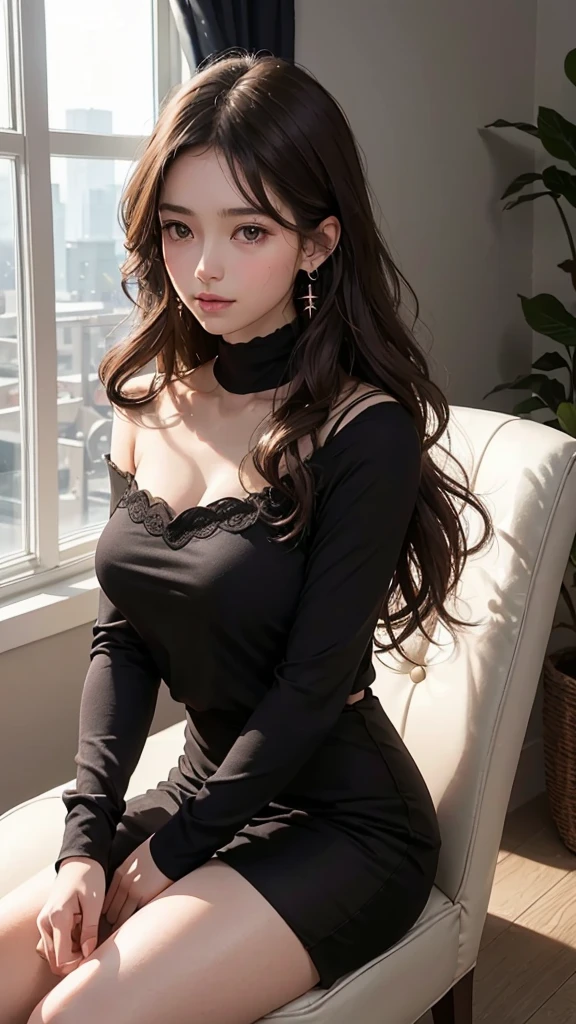 Create a semi-realistic anime-style digital portrait of a young woman with soft, delicate features. She has long, wavy dark brown hair cascading over her shoulders. Her skin is smooth and fair with a natural blush. She is sitting by a window, gazing thoughtfully outside, with soft sunlight illuminating her face and hair, creating a warm and serene atmosphere. She is wearing a dark outfit with a watch on her wrist and a pair of elegant earrings. Use a minimalist background with a hint of a scenic view outside the window, maintaining soft lighting and natural colors