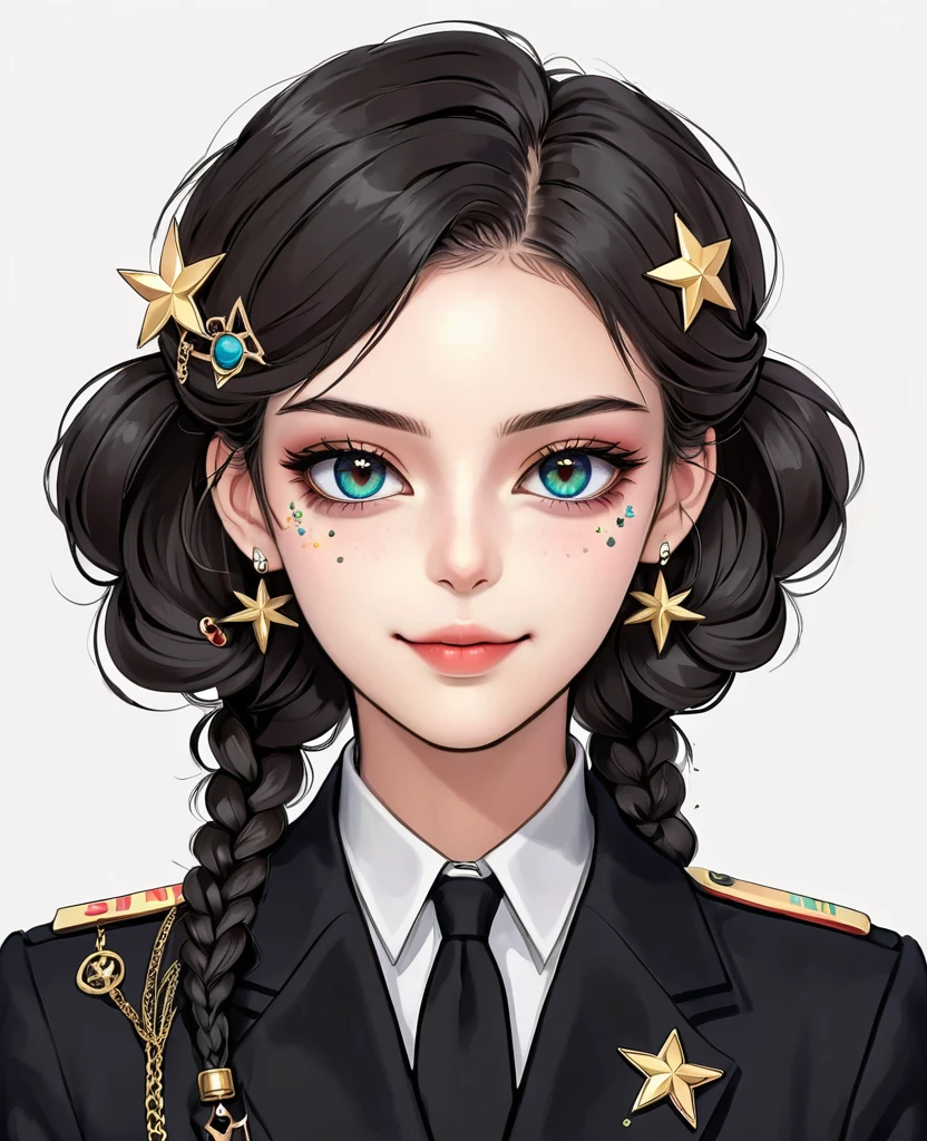 (Digital Illustration，Detailed anime style girl portrait，Solitary，symmetry)，(Big colorful eyes，Fashionable and exquisite facial features，Exquisite makeup，Sweet smile，Star symbol mark on cheek，Soulful gaze，)，(Fluffy braids，Beautiful hairstyle，Hairpin)，(Black suit，Epaulettes-Chain，cool，)，Clean and simple white background，(((Correct human anatomy)))