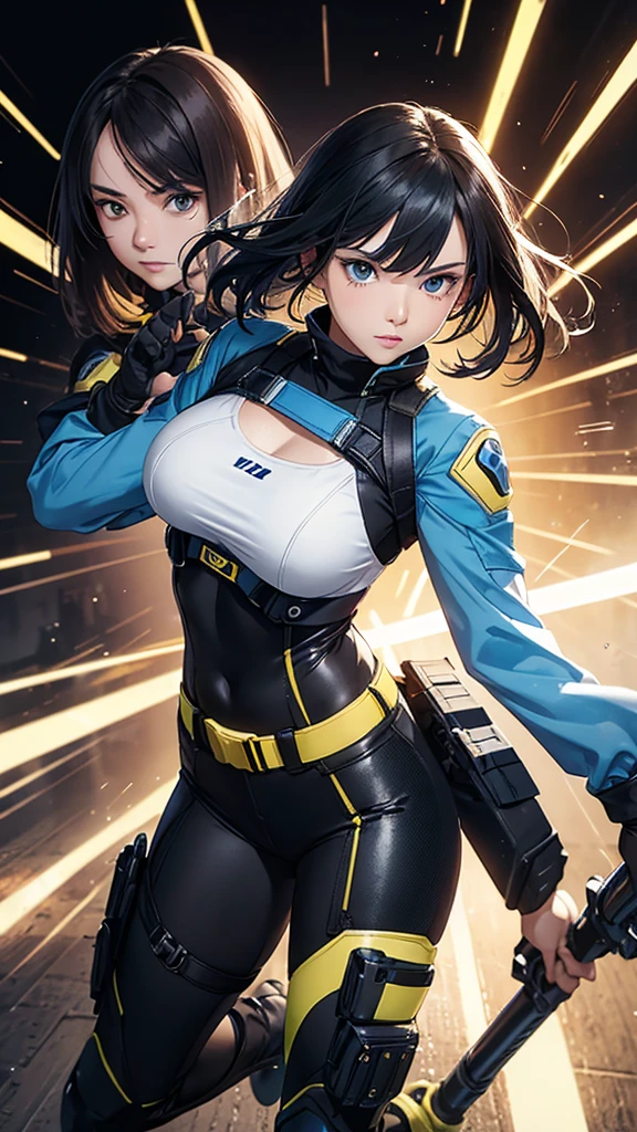 random action close portrait, brush drawing image, beautiful Thai female teen, aged 20, dynamic fighting action pose with blue advanced sci-fi shooter, long straight black hair with blue highlight forelock, slim fit sci-fi patterns glossy white-blue camisole, black shoulders armour, brown nylon legs with yellow weapons holster on thighs, black-yellow sci-fi low boots, blue sleeves, black gloves, blue smoke explode, white background, 8k resolution 