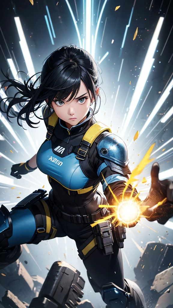 random action close portrait, brush drawing image, beautiful Thai female , aged 20, dynamic fighting action pose with blue advanced sci-fi shooter, long straight black hair with blue highlight forelock, slim fit sci-fi patterns glossy white-blue camisole, black shoulders armour, brown nylon legs with yellow weapons holster on thighs, black-yellow sci-fi low boots, blue sleeves, black gloves, blue smoke explode, white background, 8k resolution