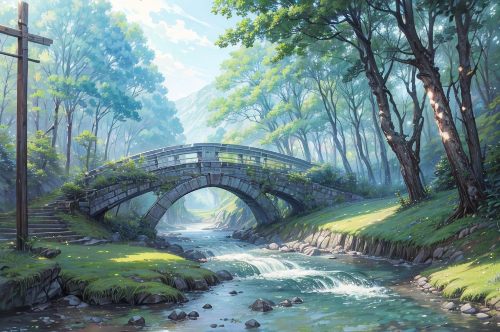 (8k analog photo,magical landscape:1.2), (in the middle there is a large sign), an empty sign, a sign, stone bridge over creek,lush greenery,pastel colors,studio ghibli style,alone bridge,small bridge,