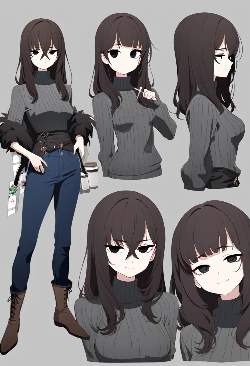 One Woman,Downer,older sister,Concept Art,Dark brown hair,Straight hair with slight inward curls,Staring eyes,Eye Ridge,black eye,Crossed bangs,whole body,smile,Slightly larger breasts,Gray background,Bangs that reach down to the eyes,Messy hair,Tight dark jeans,Gray turtleneck sweater,Multiple views of the same character,Character Design,Dark circles under the eyes,Bad look,Listless,Sloppy,Silver Jewelry,Cafe staff,Holding a cigarette,whole bodyCharacter Design,Detailed hands,Height: 170cm,boots,Fleshy body,