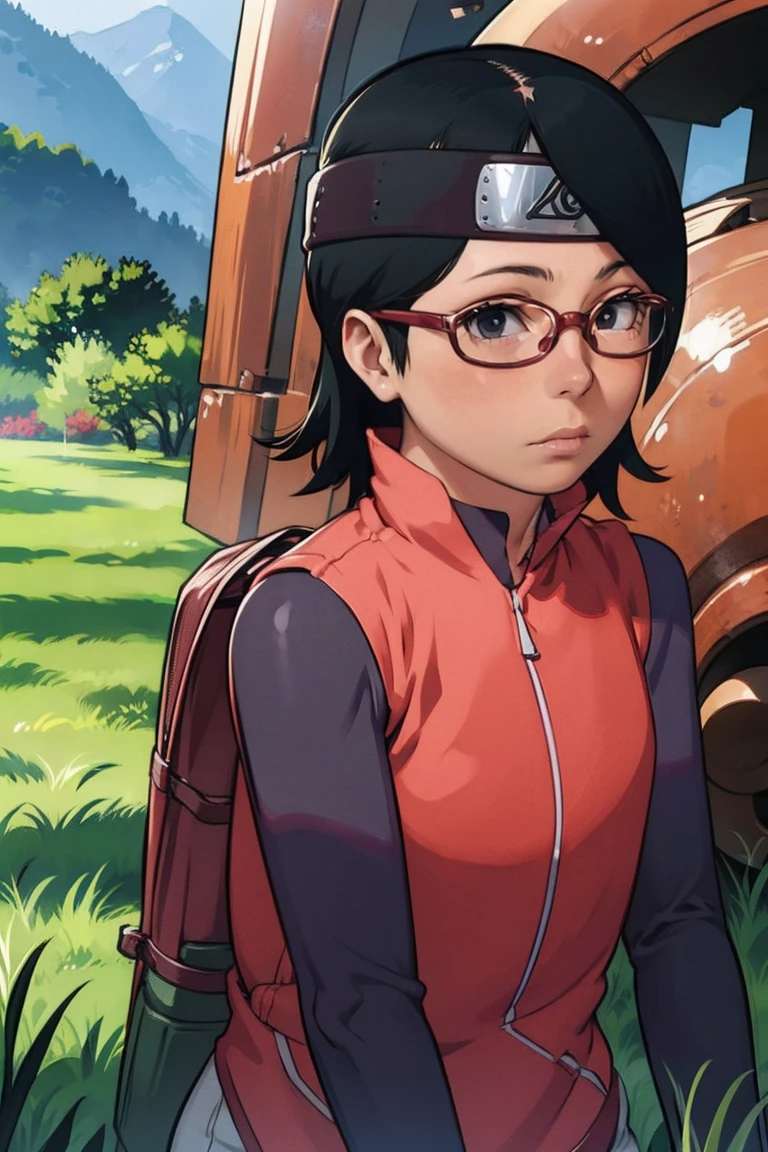 (Sarada Uchiha,short hair,black hair,glasses),full body picture Unreal Engine 5 8K UHD of beautiful girl, green Japanese style long hair, wearing futuristic black tight battle suit, half face mask, futuristic neck collar, grass green light details, best quality, masterpiece