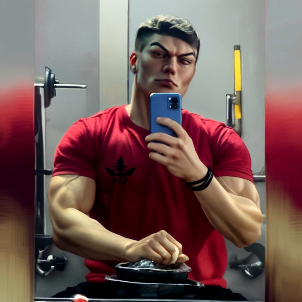 sharp man in a red shirt is looking at his cell phone, Damian Kryzwonos, fisiculturista Ernest Khalimov, trabalhando fora, imagem de perfil, Corpo de Ernest Khalimov, imagem de perfil, Vitali Bulgarov, foto de perfil, andrei riabovitchevy, Andrey Surnov, astor alexander, musculoso, big muscles, big biceps