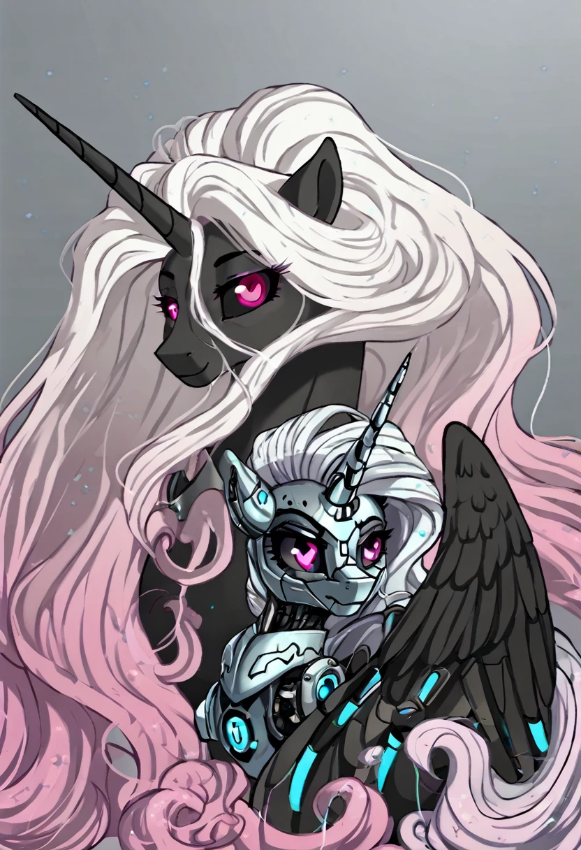 Alicorn , white mane,light blue cybernetic eyes, cybernetic body,black sclera ,black body color  long flowing  mane princess pony pink eyes , mother and daughter  princess