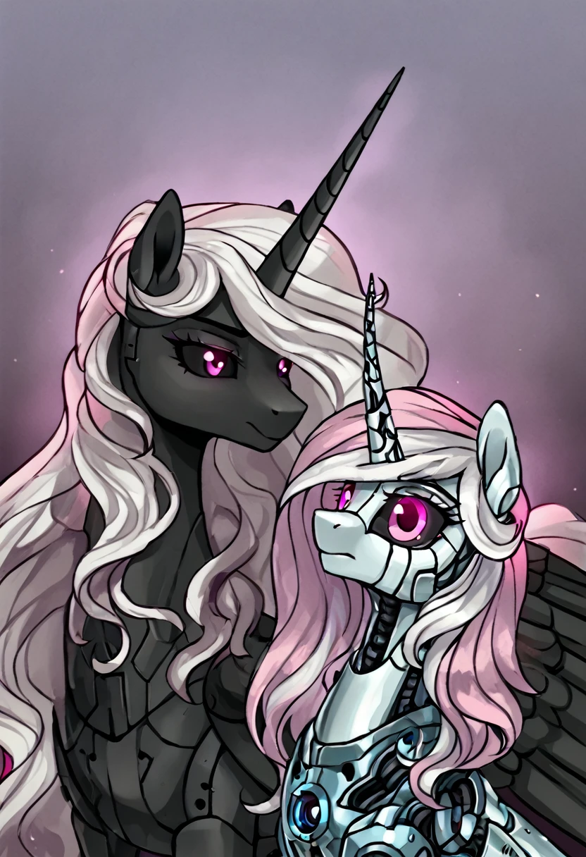 Alicorn , white mane,light blue cybernetic eyes, cybernetic body,black sclera ,black body color  long flowing  mane princess pony pink eyes , mother and daughter  princess