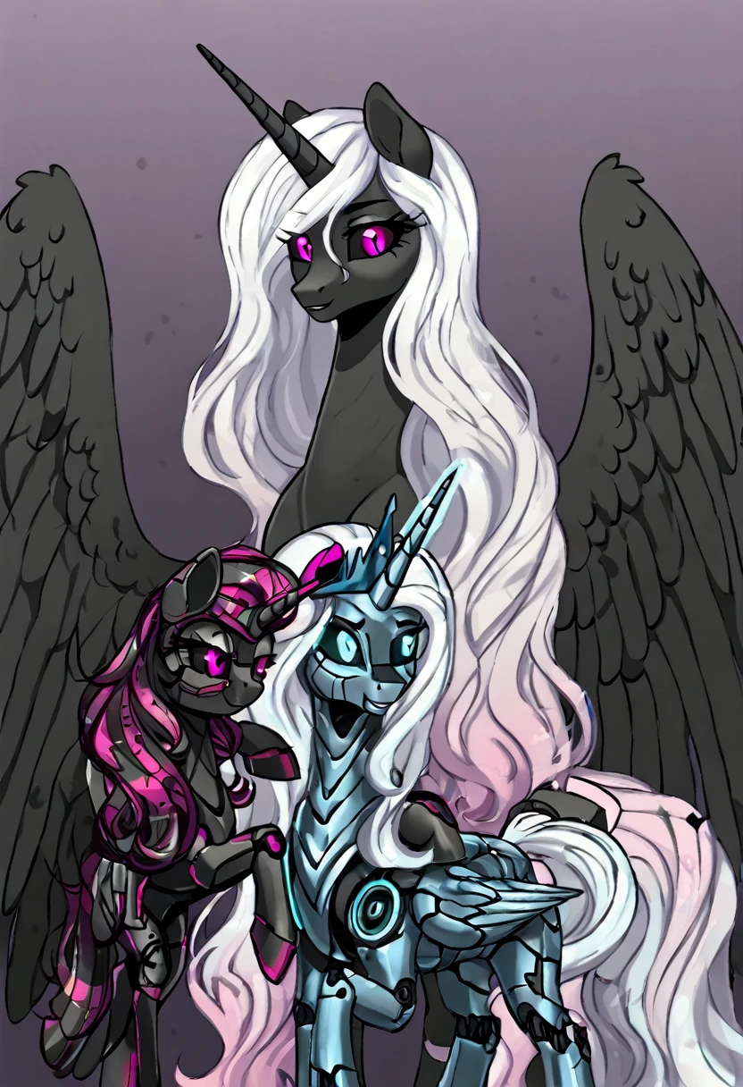 Alicorn , white mane,light blue cybernetic eyes, cybernetic body,black sclera ,black body color  long flowing  mane princess pony pink eyes , mother and daughter  princess