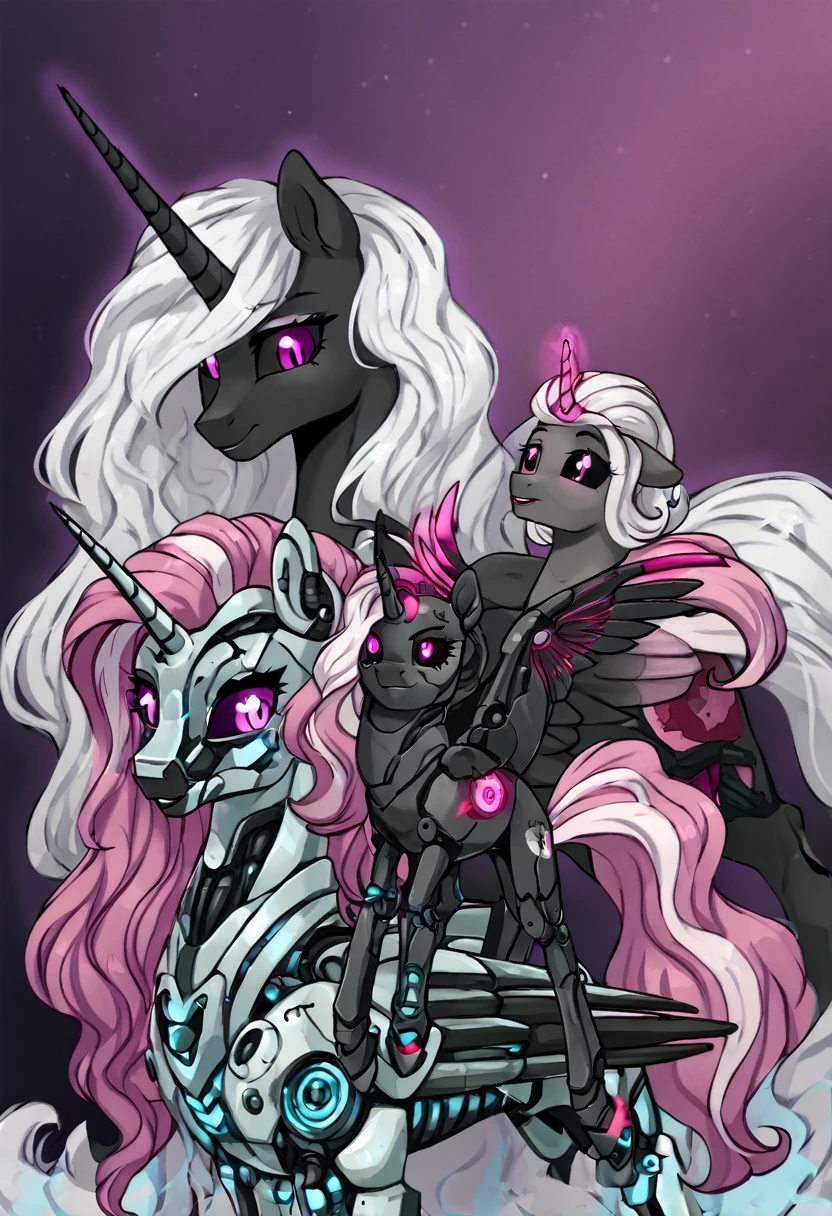 Alicorn , white mane,light blue cybernetic eyes, cybernetic body,black sclera ,black body color  long flowing  mane princess pony pink eyes , mother and daughter  princess