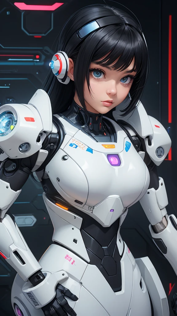 puffy woman in a futuristic suit posing for a photo, beautiful white cyborg girl, android, cute cyborg, cute cyborg, portrait cute sci-fi, cyborg girl, girl with mecha cyber armor, girl perfect android, science fiction woman, science fiction android woman, barbie cybor, black hair, black hair,Cabelos pretos, black is her hair