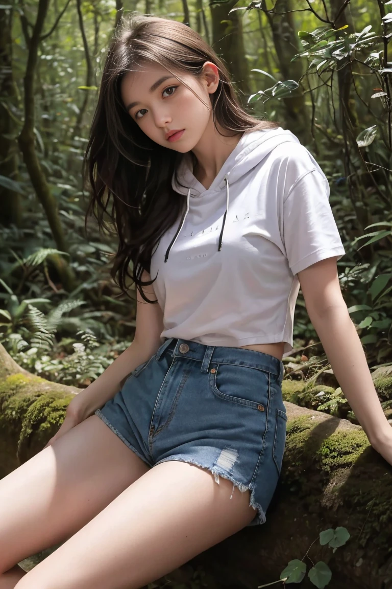 deux femmes ensemble sexy et mince de 18 ans , dans la forêt , short sleeve hoodie et short en jean , position sexy , position sensuelle, se touche ,