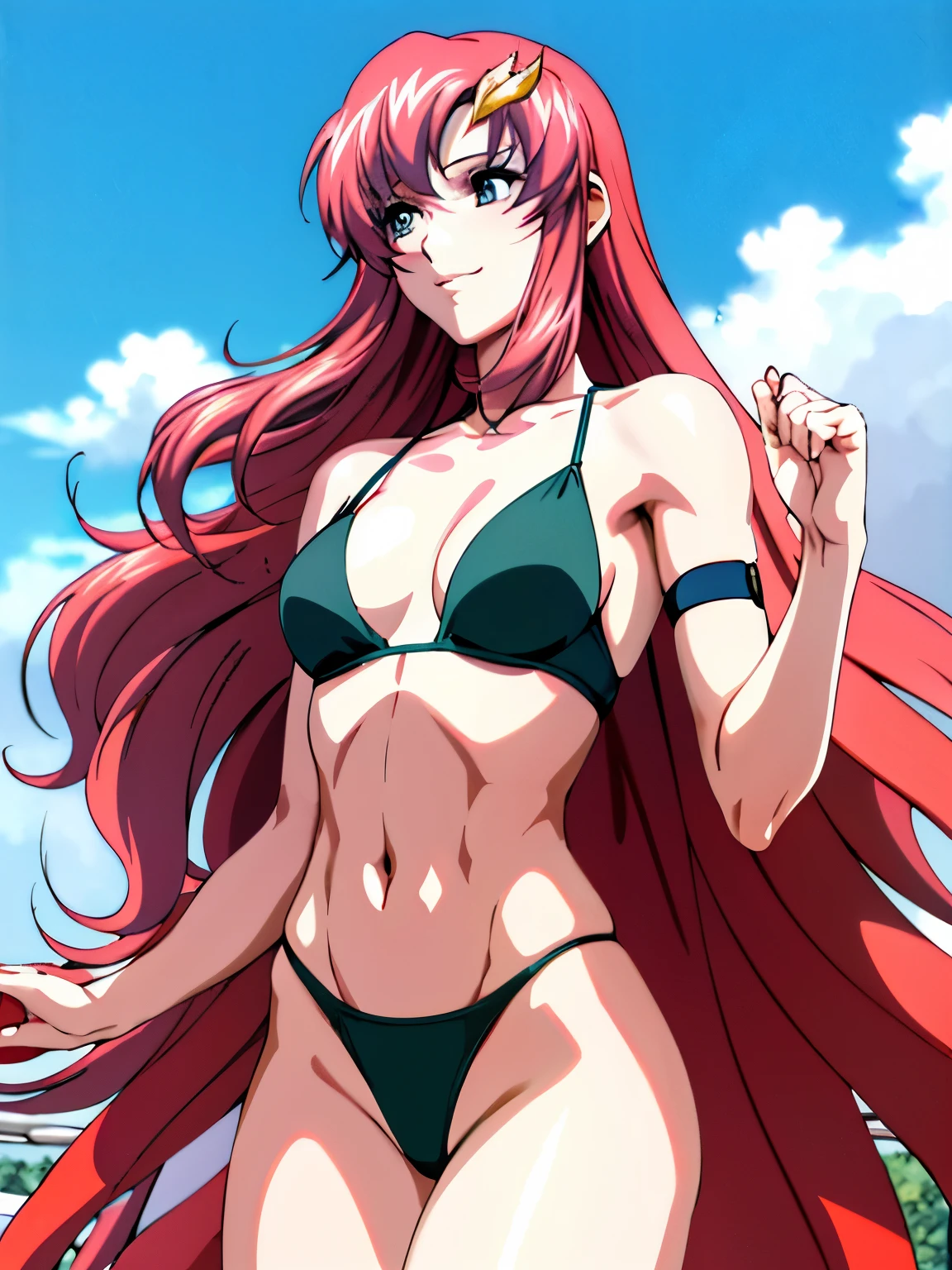 lacus4, (green bikini, lying, thong, tall girl, masterpiece, cowboy shot, very slim shoulders, 4K, Best Quality, Anime style: 1.9, happy, Adult Woman, (ultra detailed head), (Crowd, cloud background), Drawing lines, high resolution, lacus4), clavicle, scapular, (Detailed wide hair bangs, Detailed reddish-pink hair, long detailed hair, slim arms, white skin), cleavage, (hair cover shoulders). (Big blue eyes, shiny eyes), ((female wrestler, (slim body), small shoulder blades, slim arms, thighs)), ((perfect proportions, medium-small breasts, medium thighs, half belly, defined arms)), ((leg strap)), smile with a wink, (lying, hot colors), detailed fingers, (bare shoulder, looking away)