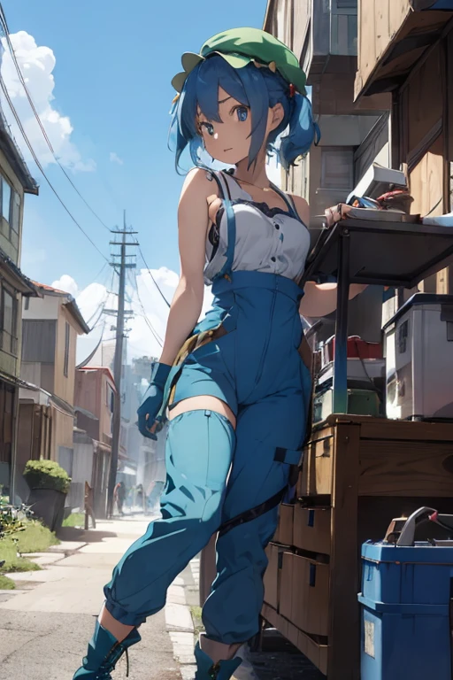 1girl, Touhou, Nitori Kawashiro, blue hair, blue eyes, blue mechanic suit, blue mechanical pants, blue tube top, off-sleeves blue tube top green mechanical gloves, Boots, green kappa hat, mechanic tool box, wide shot, mechanical office background