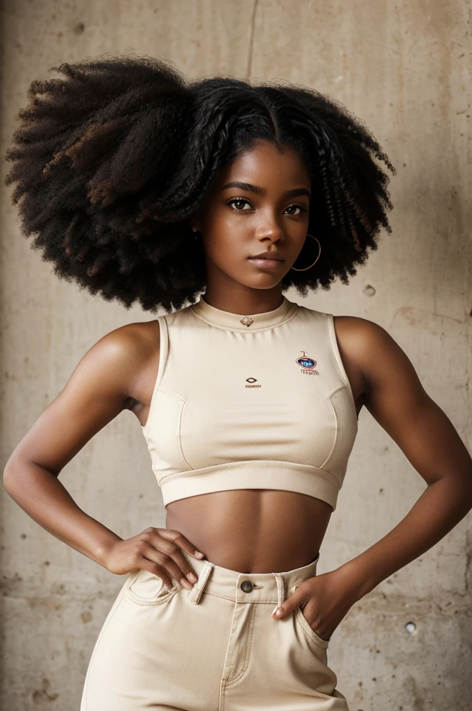 Crie uma imagem de uma mulher de 19 s,em um fundo preto, com uma roupa casual , segurando uma broca de unhas,pele marrom claro , cabelo crespo "afro americana", olhos castanhos, Symmetrical and delicate face, estilo ultra realista