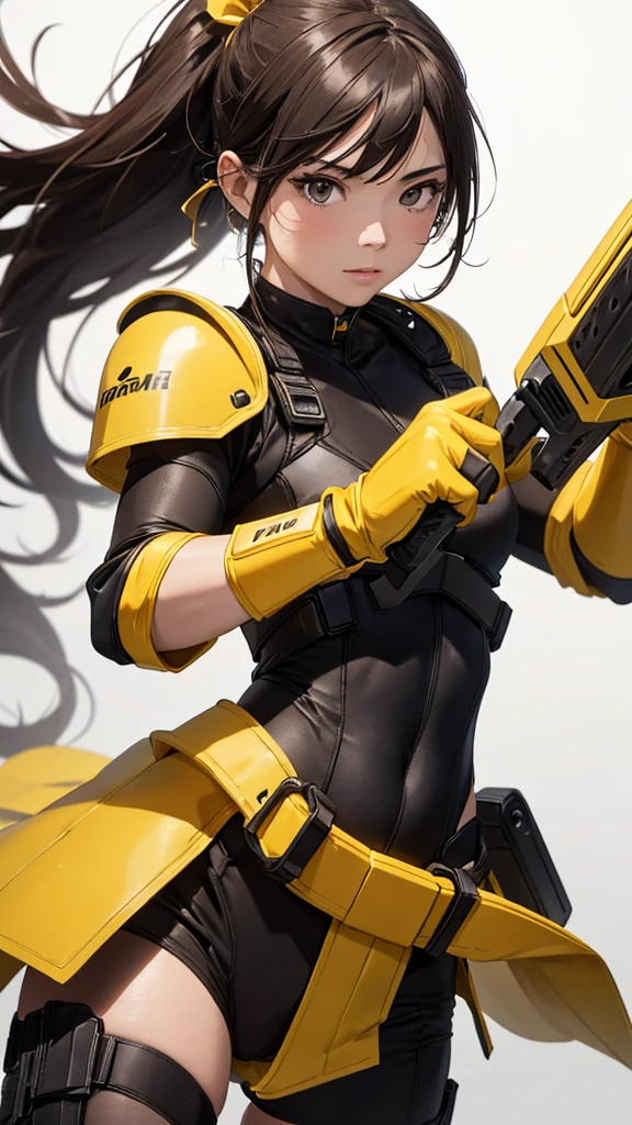 random angle close portrait, brush drawing image, beautiful Thai female teen, aged 20, dynamic fighting action pose with yellow advanced sci-fi sword, medium-long straight light brown hair with advanced headband, slim fit sci-fi glossy white diving suit with brown legs and black weapons holster on thighs, black sleeves, yellow shoulders armour, yellow gloves, yellow smoke explode, white background, 8k resolution