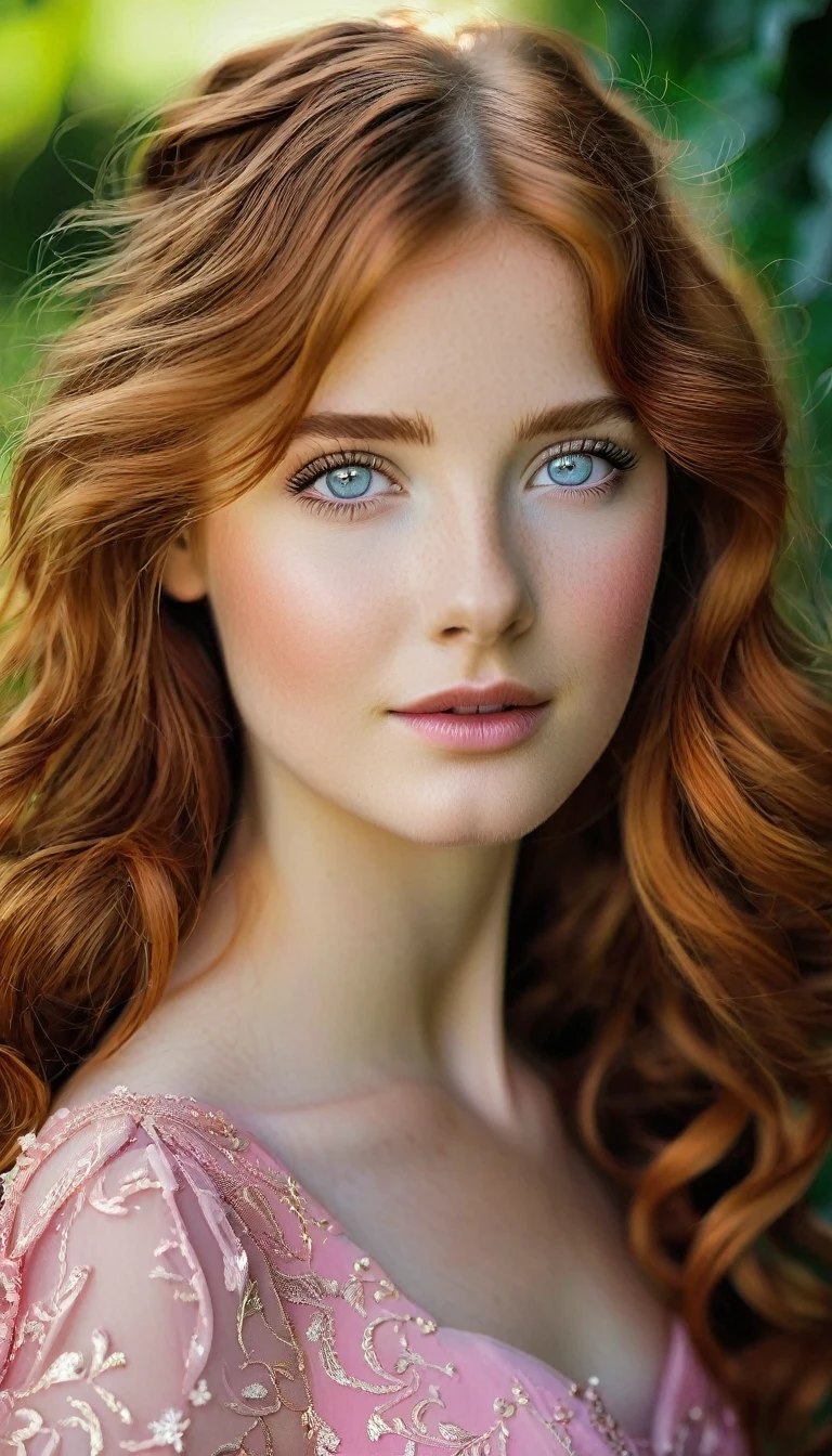 A girl,who has long wavy red hair, fair skin, heterochromatic eyes, and wearing a pink dress. (She is 17 years old)