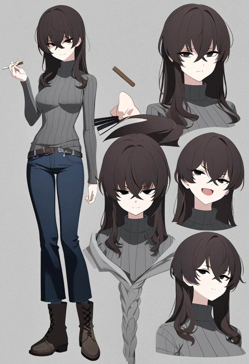 One Woman,Downer,older sister,Concept Art,Dark brown hair,Straight hair with slight inward curls,Staring eyes,Eye Ridge,black eye,Crossed bangs,whole body,smile,Slightly larger breasts,Gray background,Bangs that reach down to the eyes,Messy hair,Tight dark jeans,Gray turtleneck sweater,Multiple views of the same character,Character Design,Dark circles under the eyes,Bad look,Listless,Sloppy,Silver Jewelry,Cafe staff,Holding a cigarette,whole bodyCharacter Design,Detailed hands,Height: 170cm,boots,Fleshy body,