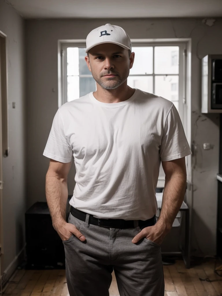 In an old dark apartment stands a white man with his hands in his pockets, 35 years old, wearing a white torn t-shirt and gray pants, cap on his head, standing straight and looking at the camera, thin, 8k