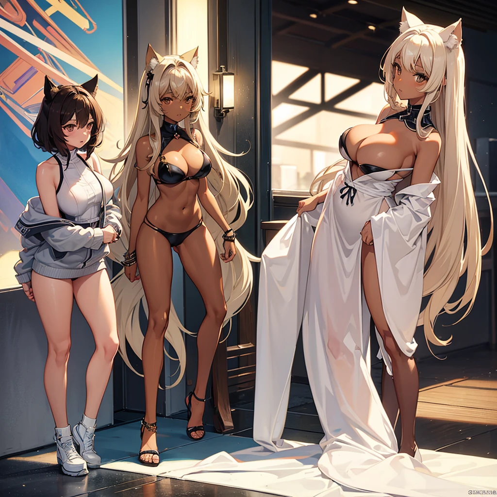 Neko girl With Brown skin, With medium wavy brown hair with platinum blonde highlights, and dark brown eyes, With big breasts A little on display