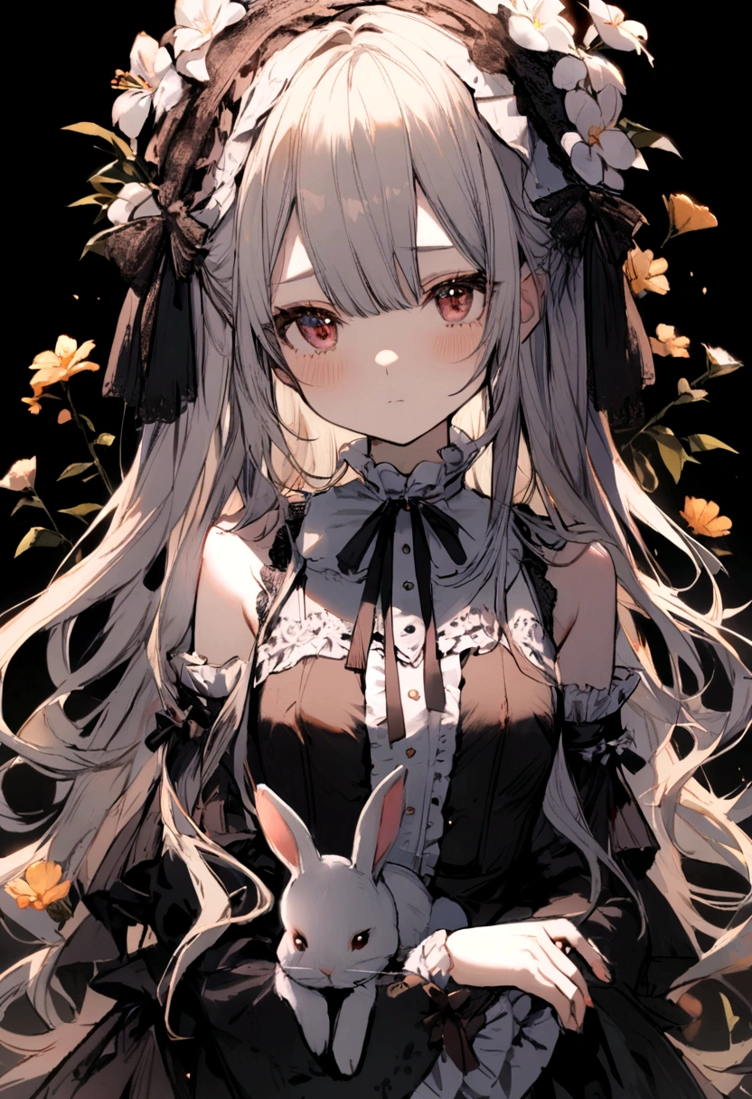 1 girl, long hair, ta, cute, bunny, flowers, dark backround, light