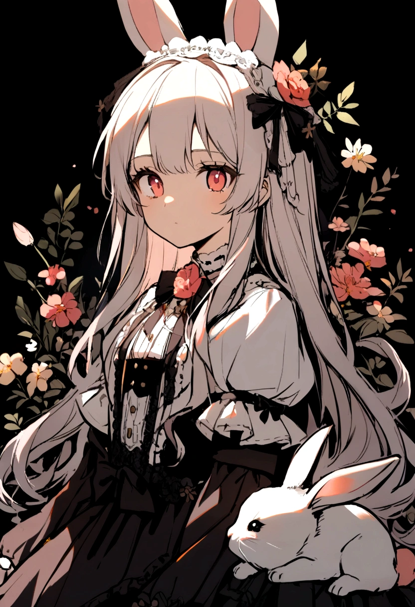 1 girl, long hair, ta, cute, bunny, flowers, dark backround, light
