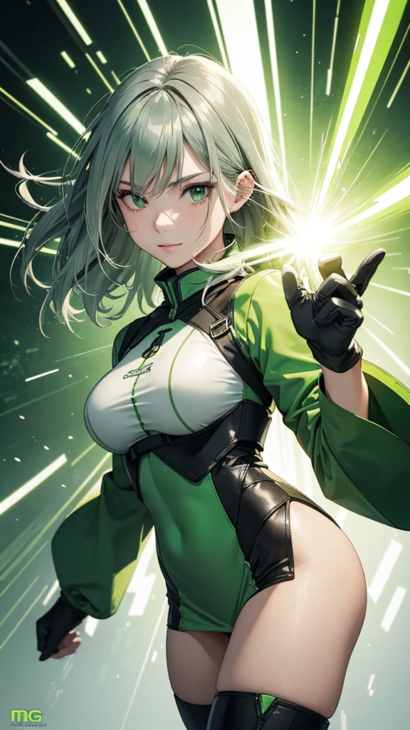 random angle portrait, brush drawing image, beautiful Thai female teen, aged 20, dynamic fighting action pose with green advanced sub shooter, medium-long straight light grey hair with with forelock, green hair clip, slim fit sci-fi glossy green long sleeves cheongsam with white sci-fi gown and green gloves, brown tights on thighs with green weapons holster, green sci-fi slim fit long boots, green smoke explode, white background, 8k resolution 