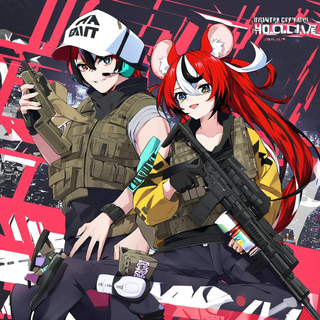 Hololive: Hakos baelz, wearing tactical gear, tactical vest, tactical shoes, black jeans, black shirt, cap and headphone, (characters design)