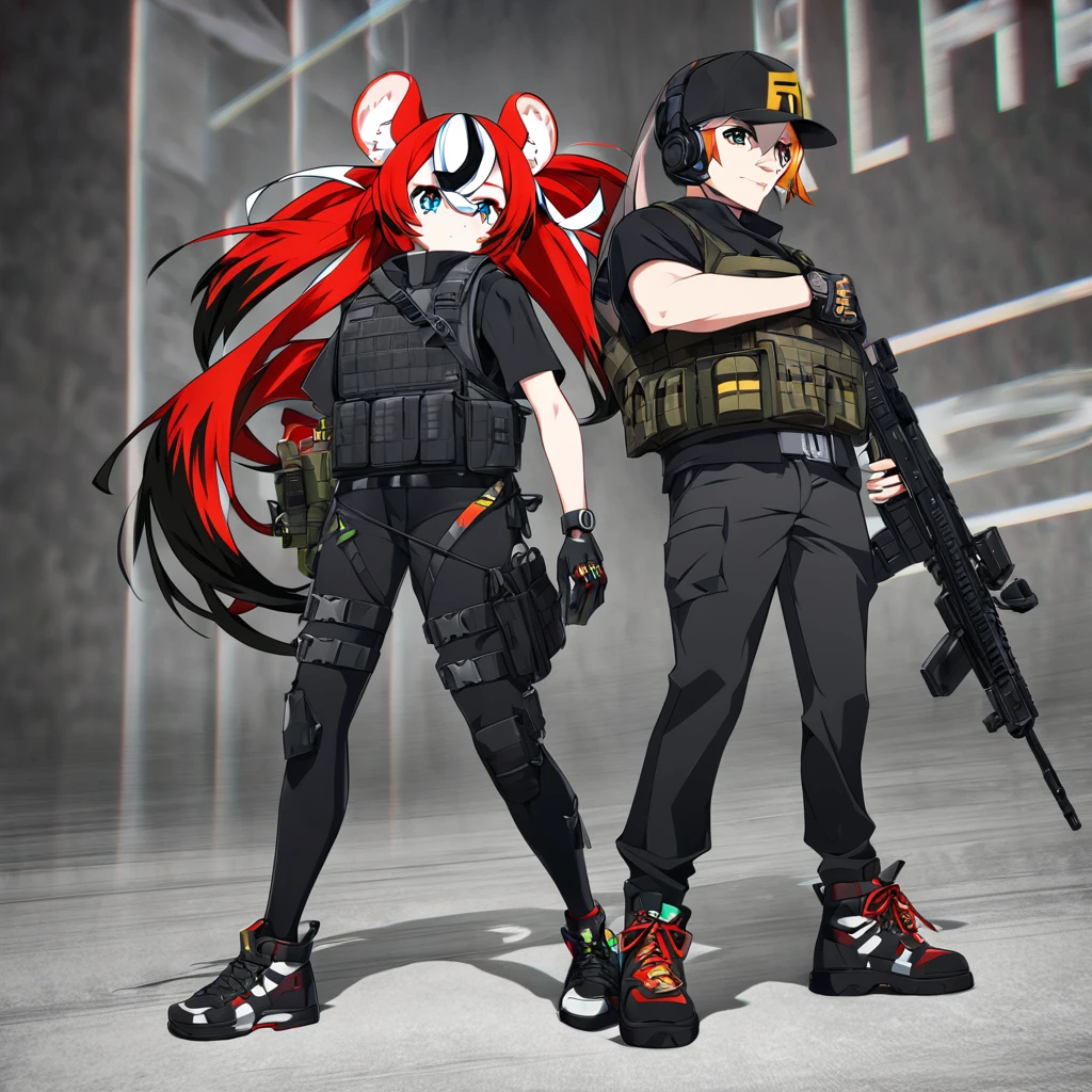 Hololive: Hakos baelz, wearing tactical gear, tactical vest, tactical shoes, black jeans, black shirt, cap and headphone, (characters design)