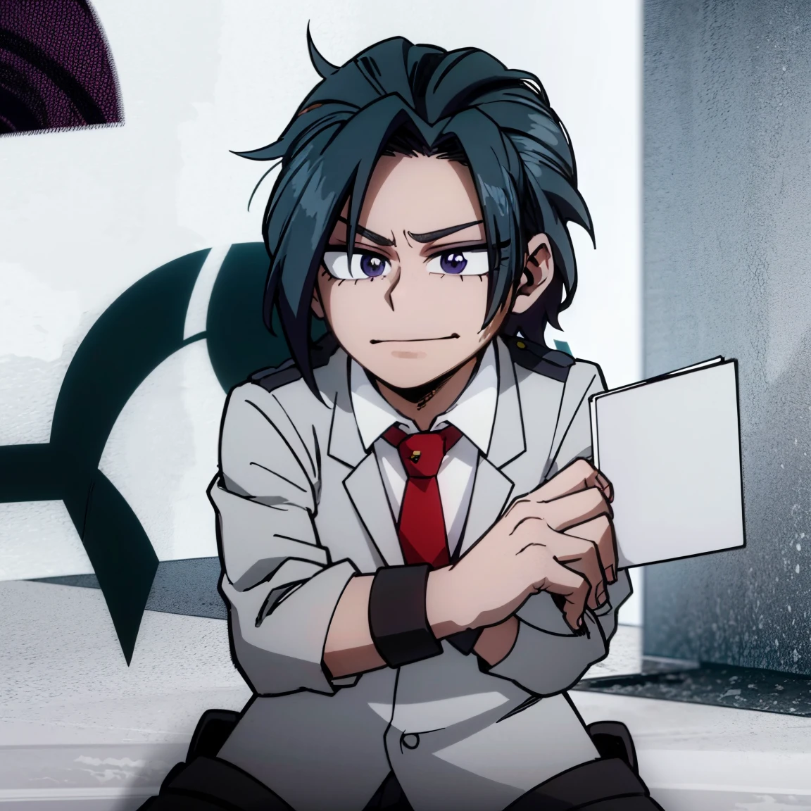 1boy, male focus, boku no hero academia, masterpiece, best quality, very aesthetic, absurdres, short messy hair, purple hair, lavender eyes, smirk, gray jacket, red tie, white shirt, teal pants, boots 