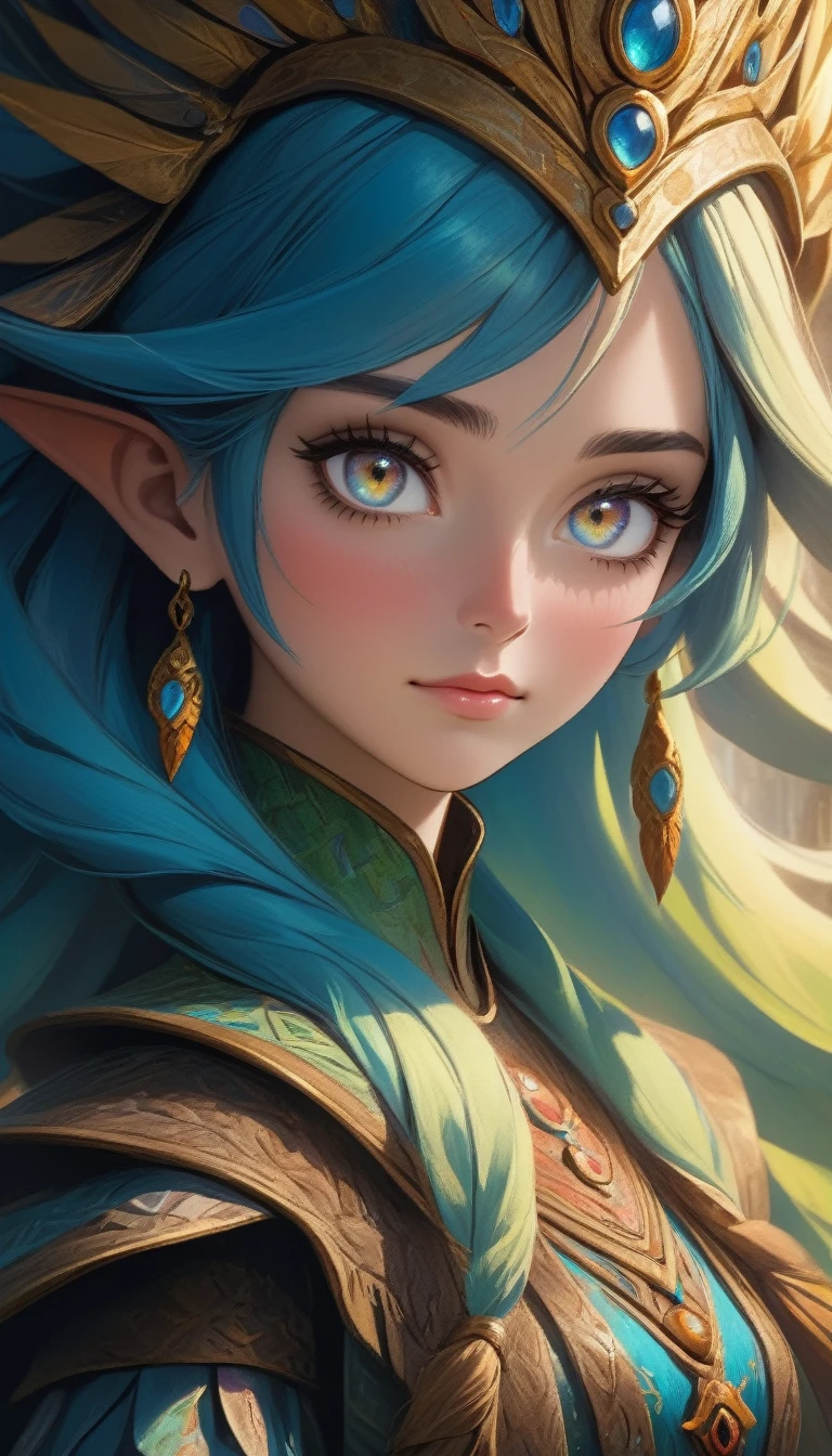 A detailed oil painting of a fantasy character, highly detailed facial features, beautiful eyes, elegant expression, intricate costume design, dramatic lighting, vibrant colors, cinematic composition, photorealistic, masterpiece, best quality, 8k, hyperdetailed, sharp focus, studio lighting, physically-based rendering, professional