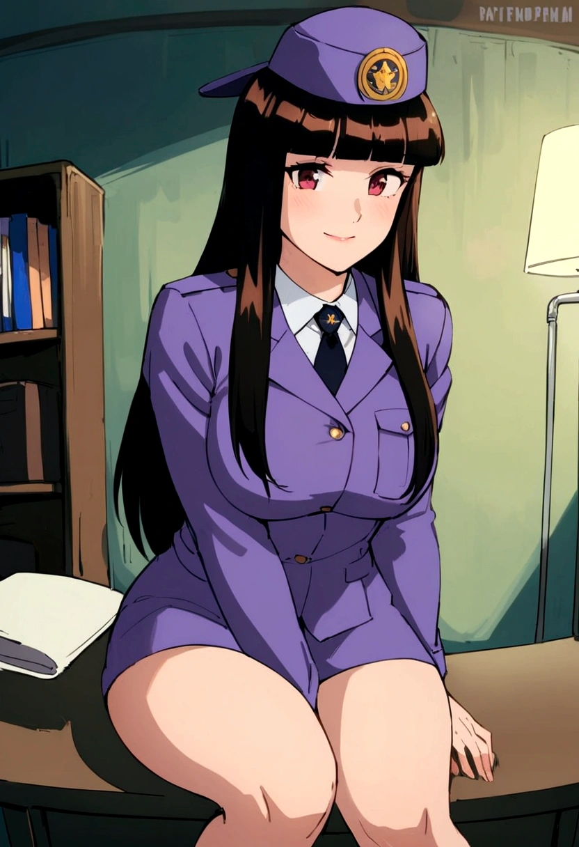 An asian woman, wearing violet police officer dress and a cap, has long black hairs,is very beautiful.