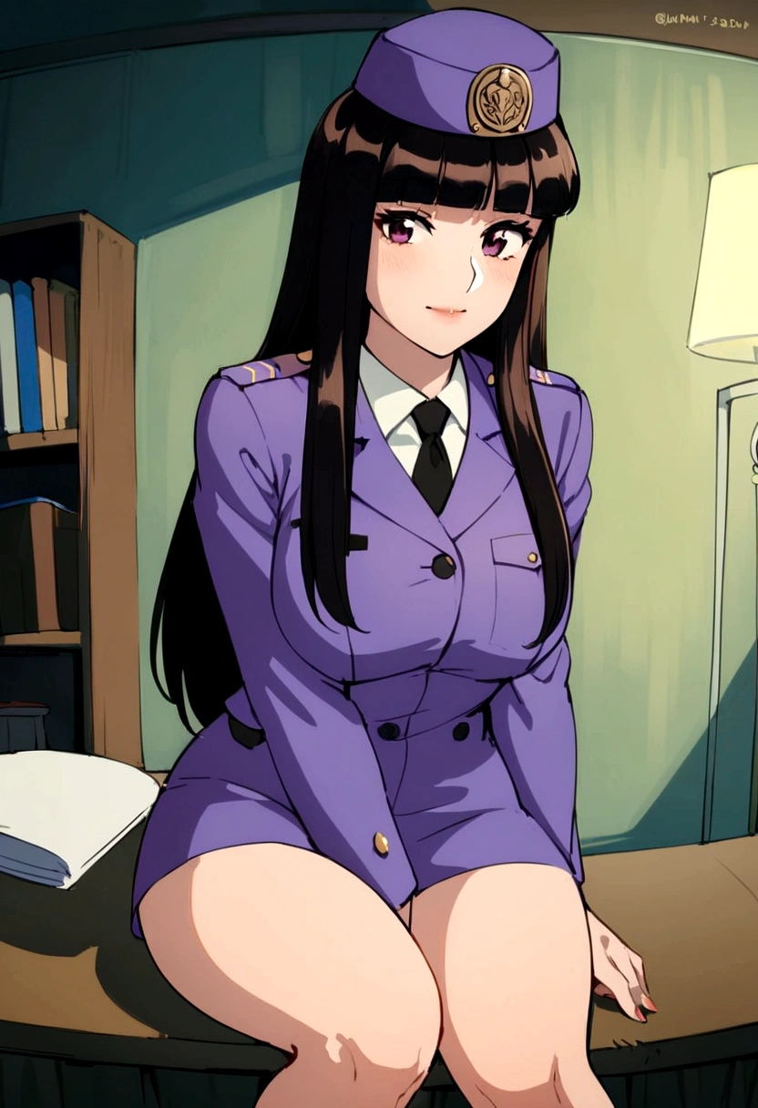 An asian woman, wearing violet police officer dress and a cap, has long black hairs,is very beautiful.