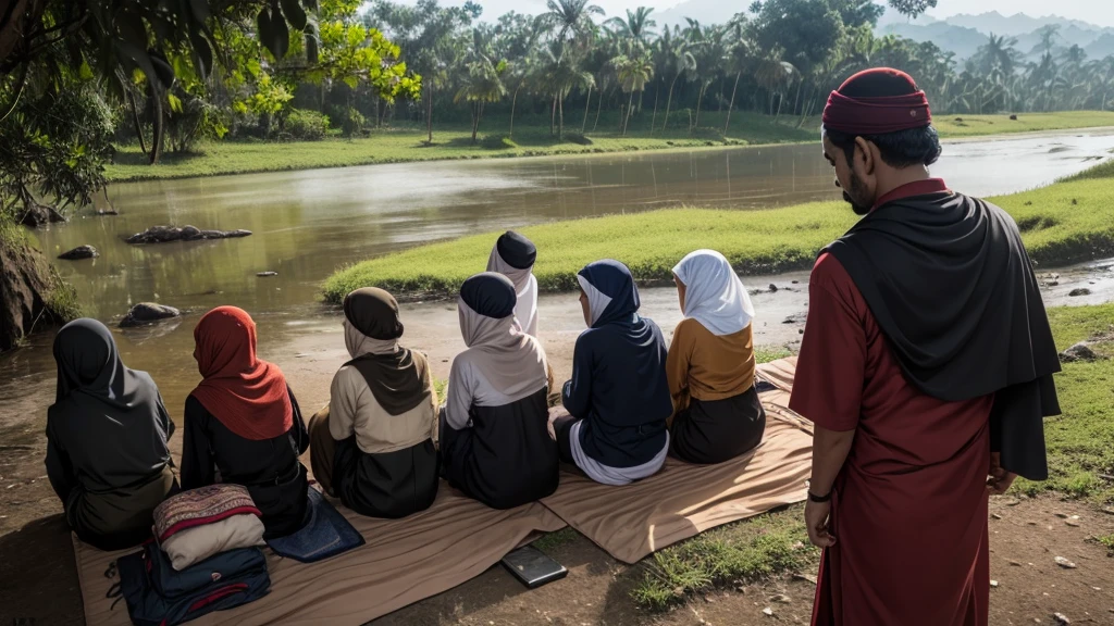 Pemandangan gurun dengan pasukan Muslim sedang bersiap-siap untuk Perang Tabuk. Kamera memperlihatkan wajah-wajah serius dan tekad kuat. Detail, hdr, cynematic