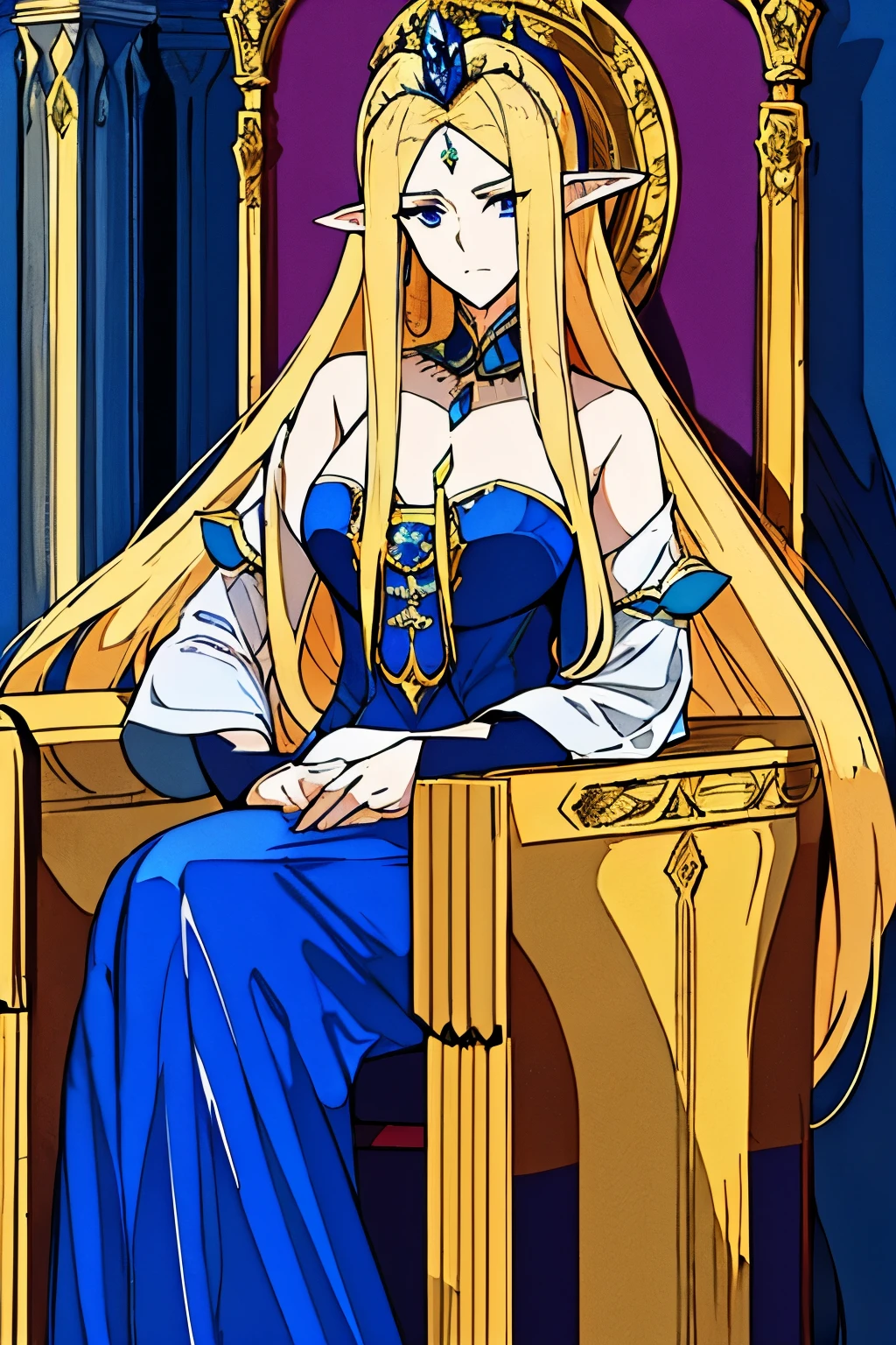 elf woman, a queen, wearing a blue royal dress from the 18th century, blue eyes, D cup breasts, weight 47 kg, 25 years old, long blonde hair down to her back, height 154 cm, serious face, high dignity, looks down on humans, sitting on the throne.