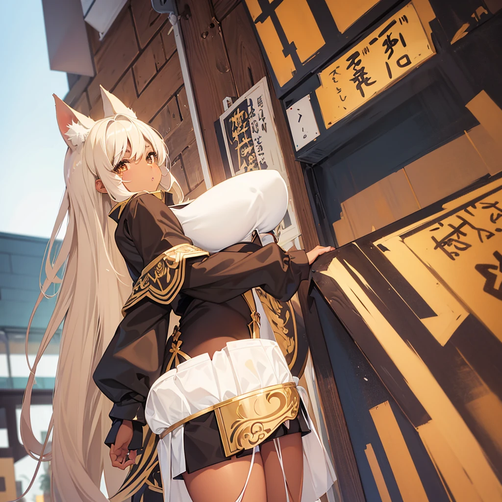 Neko girl With Brown skin, With medium wavy brown hair with platinum blonde highlights, and dark brown eyes, With big breasts A little on display in a tight outfit