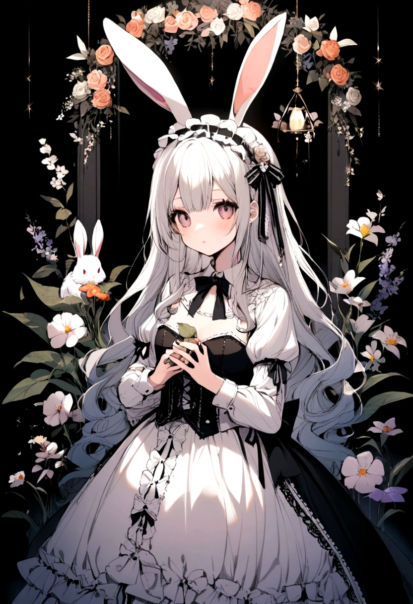 1 girl, long hair, lolita, cute, bunny, flowers, dark backround, light, live 