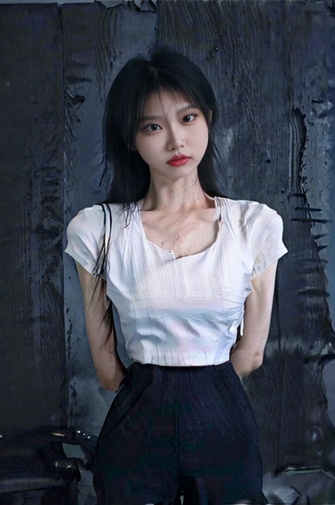 a beautiful young 18-year-old girl, extremely detailed eyes and face, long eyelashes, beautiful big eyes, beautiful lips, beautiful slim waist, very slim figure, sweaty, wet clothes, black shorts, white wall, black bralette, RAW photography, 8k high resolution, cinematic lighting, photorealistic, hyper detailed, masterpiece, professional photographer