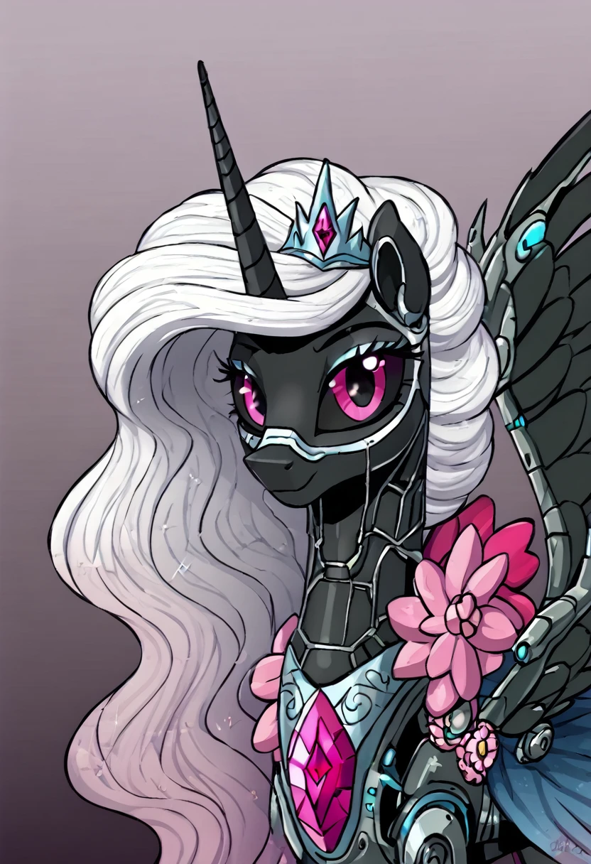 Alicorn , white mane,light blue cybernetic eyes, cybernetic body,black sclera ,black body color  long flowing  mane princess pony pink eyes , gala dress princess beautiful  gala